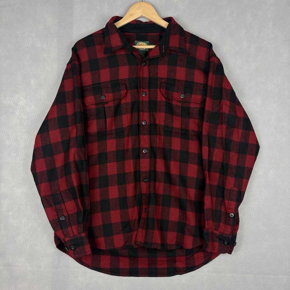 Cabela’s Wool Flannel Shirt Mens Large Red Black Buffalo Plaid Outdoors Workwear
